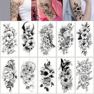 TEMU 대형 반팔 임시 타투 스티커 10장 세트 - 여성용 블랙 플로럴, 나비, , 해파리, 뱀, 사자 디자인. 방수, 리얼리스틱, 패셔너블한 파티용 임시 메이크업 스티커