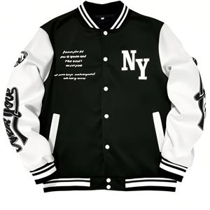 TEMU 남성용 컬러블록 베이스볼 재킷 - 블랙 & 화이트 대비, 