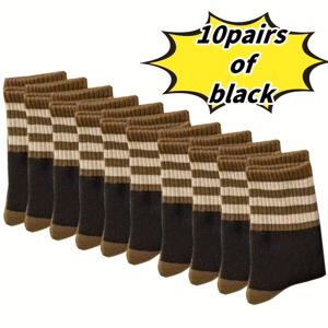 TEMU 남녀용 10 쌍 두꺼운 허벅지 상의 양말 - 따뜻한 줄무늬 및 단색, 폴리에스터/스판덱스 블렌드, 가을 및 겨울 야외 사이클링에 완벽한, 손세탁/건조 세탁, 겨울 양말, 가을 신발, 편안한 니트 양말, 내구성 있는 니트 양말