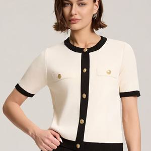 TEMU 여성용 캐주얼 컬러블록 가디건 - 앞면 버튼 클로저, 블랙 & 화이트 대비 트림 반팔 라운드넥 스웨터, 세탁기 사용 가능 내구성 봄/가을 레이어링 아이템, 다재다능한 캐주얼 의상, 시즌 패션, 우아한 디자인, 고품질 스티칭, 스타일리시 탑, 트렌디 아웃핏, 가벼운 소재, 버튼업 탑, 트렌디한 옷장, 클래식 스웨터, 에틸레틱 스타일, 롱라인 가디건