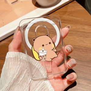 TEMU 투명한 휴대용 N52 강력한 자석 전화 카드 홀더, 삼성과 아이폰16/15/14/13용 자석 기능, 다른 자석 케이스에 적합, 1-4 카드를 보관, PC 소재, UV 프린트, 컵 디자인의 밀크 티 베어, 캐주얼 스타일에 적합, 남성과 여성에게 적합