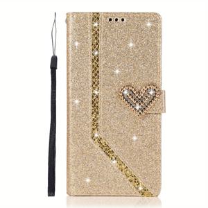 TEMU 폰 케이스: S25, S24, S23 울트라, S22, S21 플러스 호환 - 하트 모양 글리터 플립 커버 폰 케이스 (카드 슬롯 포함)|S22케이스