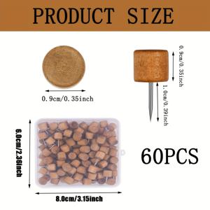 TEMU 60개 세트 - 강력한 날카로운 팁의 푸시 핀, 갈색 나무 재질 - 게시판, 코르크, 폼용 - 홈 오피스, 교실, 공예 프로젝트 - 투명 보관함 포함 - 장식 및 정리용, 러스틱 매력, 리사이클드 우든 핀