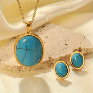 TEMU 3개 316 316L 스테인리스 스틸 골든 타원형 라이트 블루 터키석 목걸이 귀걸이 세트, 패셔너블하고 우아한 레트로 스타일 (목걸이 1개 + 귀걸이 1쌍), 연회, 결혼식 파티, 휴가, 콘서트, 데일리룩에 적합