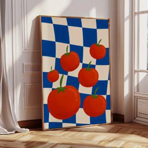 TEMU 1개 빈티지 토마토 체크 캔버스 아트 프린트 - 기발한 파란색 & 흰색 벽 장식, 독특한 주방 & 식당 액센트, 완벽한 집들이 선물, 실내/외부 사용, 현대적인 예술적 디자인, 생동감 있는 색상 품질