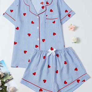 TEMU 하트 프린트 청소년 반팔 파자마 세트 - 캐주얼 블루 & 화이트 레드 하트, 반팔 셔츠 & 쇼츠, 사계절 편안함, 레귤러 핏, 청소년용, 청소년 의류, 재미있는 디자인, 편안한 옷, 청소년용|반팔셔츠