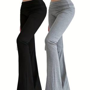 TEMU 2pcs 여성용 간편 솔리드 컬러 플레어 레그 팬츠 세트 | 우아한 러플 디테일, 봄/여름에 완벽