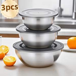 TEMU 뚜껑이 있는 스테인리스 스틸 믹싱 볼 3개 세트 - 주방 조리, 베이킹, 샐러드 준비에 이상적인 반짝이는 주방 준비용 볼 - 측정 표시가 있는 다용도 음식 준비용 볼 - 가정 및 전문가에게 적합한 튼튼한 금속 믹싱 배스킨