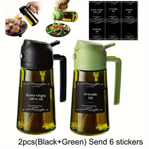 TEMU 2개 세트(스티커 6장 포함) - 유리 고압 오일 스프레이 병 470ml, 두꺼운 유리 차광 모델, 분사 및 붓기 겸용, 방수 디자인, 가정 주방, 야외 바베큐, 캠핑, 샐러드용