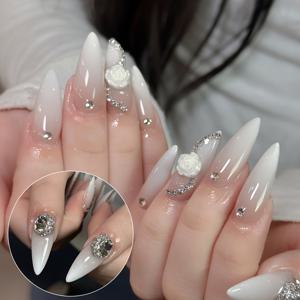 TEMU 24개 아몬드 모양 네일 누드 그라데이션 캠ели아 체인 라인스톤 액세서리 장식용 광택 탈착 가능한 인조 네일 팁, 여성의 일상 파티용 네일 , 네일 아트 용품, 파티 액세서리, 우아한 네일 디자인, 내구성 있는 네일 팁, 뷰티 애호가