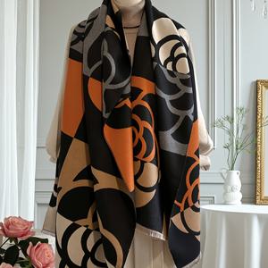 TEMU 플러스 사이즈 - 패션 플로럴 컬러 블록 스카프 | 고품질 인조 캐시미어, 방풍 및 보온, 다용도 여성용 코트 숄, 가을/겨울용 태슬 디테일|스카프|드레스