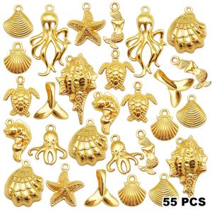 TEMU 55개 골든 바다 해변 참 펜던트 세트 - 여름 액세서리 목걸이 귀걸이 팔찌 만들기 공예용 조개 인어 꼬리 물고기 장식