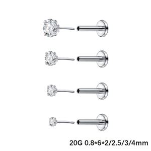 TEMU 20G/18G/16G 티타늄 합금 귀걸이, 립 스터드, 6mm 및 8mm 바벨, 2mm/2.5mm/3mm/4mm CZ, 합성 지르코니아로 제작된 바디 피어싱 주얼리 4개 세트. 여성 및 남성 모두에게 적합하며, 일상 및 파티 착용에 적합합니다.