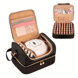 TEMU 프로페셔널 네일 폴리쉬 정리 케이스 - 60병 수납 & 네일 램프 보관 가능 - 골드톤 하드웨어, 다중 구획 & 상단 정리함 포함 - 여행 및 살롱용 매니큐어 케이스 (젤 폴리쉬 병, 네일 램프, 네일 파일, 큐티클 니퍼 보관) - 네일 & 살롱, 향수 정리에 이상적|젤네일