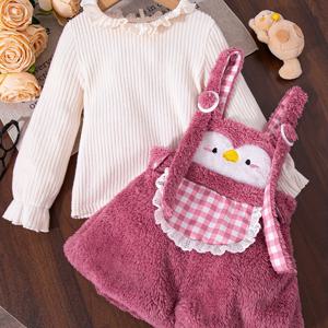 TEMU 여아용 가을/겨울 신상 레이스 칼라 긴팔 상의와 펭귄 퍼 레이스 체크 바이브 팬츠 투피스 세트, 야외 활동에 완벽