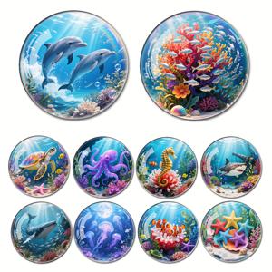 TEMU 10개 대형 4cm 장식 돔 스티커 - 돌고래, 상어, 문어, & 산호초가 있는 생생한 수중 장면 - 냉장고, 화이트보드, 식기세척기 등에 적합 - 주방, 사무실 또는 교실 장식, 수중 장식에 이상적인 선물, 냉장고마그넷, 마그네틱, 미니 자석, 마그네틱 자석, 여행마그넷, 냉장고 마그네틱
