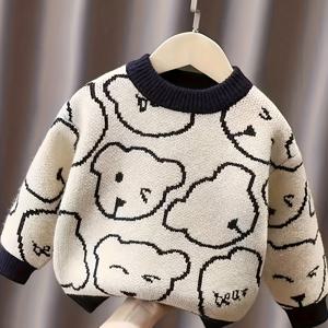 TEMU 남아용 두꺼운 기모 안감 스웨터, 2025년 가을/겨울 신상 한국 스타일 라운드넥 만화 풀오버 니트