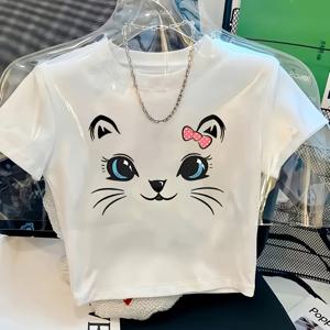 TEMU 고양이 프린트 플레이풀 슬림핏 패턴 패션 반팔 티셔츠