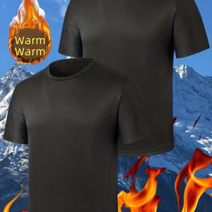 TEMU 가을 겨울용 캐주얼 숏소매 스포츠 러닝웨어, 안감 처리된 핏감 좋은 라운드넥 티셔츠 2pcs