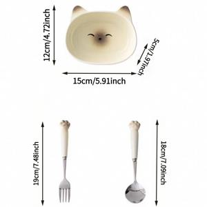 TEMU 1 세트 고양이 모양 세라믹 접시, 포크, 스푼 | 아침 식사, 오후 티, 디저트, 시리얼에 적합 - 일회용 식사, 데일리 사용, 디저트 가게, 카페, 선물용으로 적합