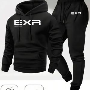 TEMU EXR 남성용 두꺼운 플리스 후드티 & 스웨트팬츠 세트 - 레드 & 캐주얼 스포츠웨어, 