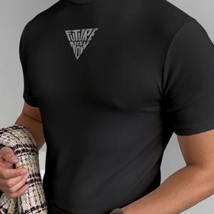 TEMU 남성용 슬림핏 반팔 터틀넥 셔츠 - 화이트 & 블랙 하이넥 칼라, 동기부여 레터링 프린트 (WEST COAST 스타일), 통기성 여름 & 레이어링 탑, 체육관, 사무실, 캐주얼 웨어 - 세탁기 사용 가능 슬림핏 풀오버 스웨터|오피스룩|반팔니트