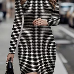 TEMU 여성용 하운드스타치 패턴 드레스 - 바디라인을 잡아주는 짧은 A라인 스타일, 라운드넥 디자인, 화이트, 블랙, 그레이, 베이지 색상으로 제공, 캐주얼부터 포멀까지 다양한 상황에 적합 (년중 사용 가능). 바캉스룩: 여성 플로럴