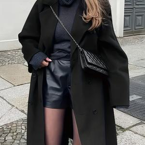 TEMU 여성용 가을 겨울 솔리드 컬러 더블 브레스트 롱 코트