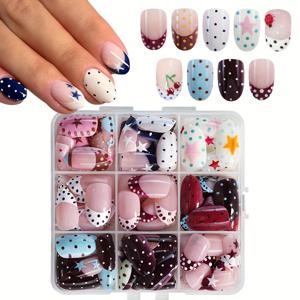 TEMU 216개 타원형 멀티 컬러 물방울 무늬 프레스 온 네일 패치 세트, 물방울 별 무당벌레 체리, 도파민, 여성 파티, 이브닝, 데일리 웨어용 (젤리 글루 2개 및 네일 파일 1개 포함), 반복적으로 제거 가능