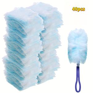 TEMU 두꺼운 정전기 먼지 제거 천 40개 리필 세트 (손잡이 포함). 이 PP 정전기 청소용 천은 360° 전체 영역을 커버하며, 완벽한 블라인드 스팟 없이 사용할 수 있습니다. 집, 자동차, 키보드, 거실, 침실, 주방 청소에 적합합니다.