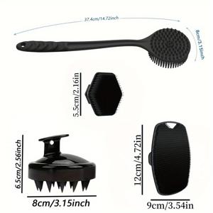 TEMU 4개 샤워 브러쉬 세트 | 부드러운 프로스트 긴 손잡이 바디 브러쉬, 실리콘 소프트 브러쉬 모, 등, 얼굴, 몸, 두피 마사지용 | 효과적인 각질 제거, 미끄럼 방지 그립으로 딥 클렌징