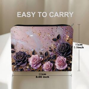TEMU 1개 대형 양면 화장품 파우치 - 장미 & 골드 스팟 디자인, 우아한 럭셔리 메이크업 정리함, 8.66