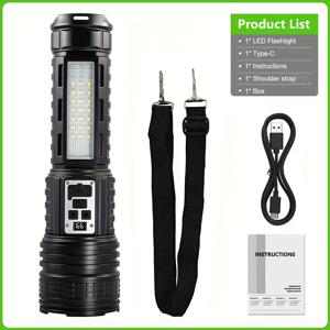 TEMU 초대형 LED 손전등 1개, 노란색 및 흰색 조명 장착, 고출력 USB 충전식 LED 토치, 망원 줌 기능, 내장 2400mAh 배터리 전원, 강력한 휴대용 조명, 다기능 탐지등|후레쉬