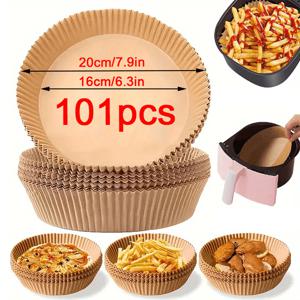 TEMU 101개 라운드 에어프라이어 라이너 일회용, 에어프라이어 오븐 전자레인지용 양피지 - 눌러붙지 않음, 쉬운 세척 및 건강한 요리, 가정용, 야외용, 호텔/상업용 RV 주방 에어프라이어 액세서리|에어프라이어