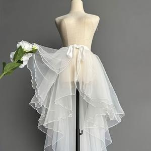 TEMU 여성용 메시 아сим메트리 밑단 드레스. 흰색 아сим메트리 디자인, 앞면이 더 짧고 뒷면이 더 긴 스타일. 인어풍 쉬어 스커트, 플로잉 퍼포먼스 드레스, 유리처럼 느껴지는 루즈한 가운, 원피스 미니 앞치마.