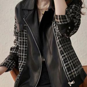 TEMU 여성 봄 가을 미디 캐주얼 루즈핏 레더자켓 트렌디한 지퍼 체크패치 소프트 자켓 코트