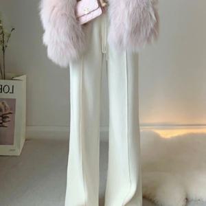 TEMU 화이트 소프트 왁스 니트 와이드 레그 팬츠 여성 가을 겨울 하이웨이스트 드레이프 슬릿 캐주얼 팬츠 플로어 길이 롱팬츠 두꺼운