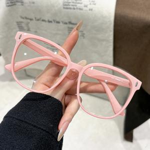 TEMU 여성용 라운드 프레임 안경 1쌍, 핑크, 대학생 스타일, 귀여운 비안경, 오버사이즈 프레임, 데일리 액세서리