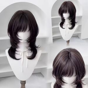 TEMU 1개 22인치 여성용 가발 내추럴 블랙 귀여운 연령감소 앞머리 레이어링감 슬림헤어 데일리, 사진촬영, 파티, 우아한 탈모없는 풀헤드형 가발