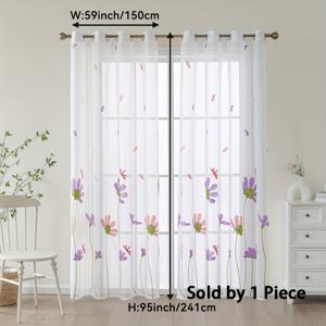 TEMU 1개 플로럴 화이트 쉬어 커튼, 거실 창문 커튼, 자수 툴 보일 드레이프 패널, 침실 창문 장식, 홈 데코, 룸 데코