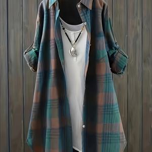 TEMU 플러스 사이즈 - 플러스 사이즈 여성용 캐주얼 체크무늬 셔츠 - 중간 길이, 루즈핏, 디자인, 칼라가 있는 버튼업, 가벼우며 통기성이 좋음, 봄/가을용, 봄 패션 탑 | 버튼업 셔츠 | 스트레치되지 않는 원단