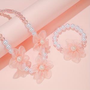 TEMU 2개 세트 여아용 파스텔 핑크 튤 꽃 장식 비즈 팔찌 & 목걸이, 휴일 생일 선물