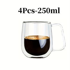 TEMU 팩 4개 - 250ml-350ml 더블 레이어 유리 커피컵, 투명 단열 유리 집중형 커피컵 손잡이 포함, 라떼, 카푸치노, 티백, 뜨거운 및 차가운 음료에 적합한 클리어 글라스 집중형 커피컵|텀블러|커피