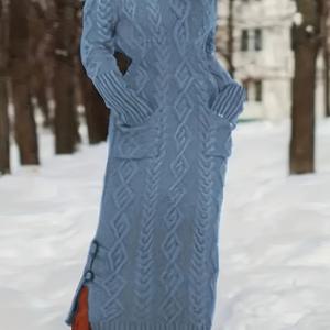 TEMU 플러스 사이즈, 고급스러운 롱라인 스웨터 드레스 - 하이넥 긴팔 포켓 디자인, 사이드 슬릿 헴, 세탁기 사용 가능 여성용 가을 겨울 드레스, 우아한 스타일, 내구성 있는 소재, 세련된 레이디스 웨어