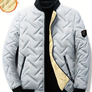 TEMU 남성용 포근한 플리스 안감 퀼트 재킷 - 두꺼운 겨울 코트, 야구 칼라, 지퍼 앞면 및 측면 포켓, 흰색에 검은 트림, 가을/겨울 캐주얼 스타일, 겨울 재킷