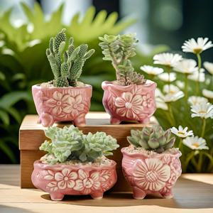 TEMU 4개 세트 정원 스타일 도자기 화분 - 핑크 꽃무늬, 배수구 기능, 다육식물 및 선인장용, 내구성 있는 재료, 실내외 데스크탑 창턱 조경에 이상적, 크리스마스, 생일, 어머니날 선물로 완벽