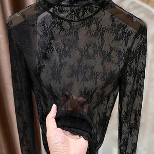 TEMU 여성 블랙 레이스 터틀넥 티셔츠, 시어 메쉬 탑, 섹시, 미디 길이, 봄/가을 스타일리시, 레이스 디테일, 원단|티셔츠