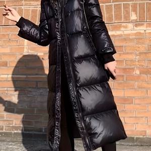 TEMU 여성용 새로운 두꺼운 겨울 긴 블랙 코트, 반짝이는 루즈핏, 트렌디한 아우터.