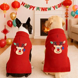 TEMU 1개 귀여운 크리스마스 사슴 펫 스웨터, 중대형 강아지용 부드럽고 따뜻한 니트웨어, 두꺼운 니트 터틀넥 디자인, 탄력적이고 따뜻한 강아지 겨울 의류, 래브라도 로트와일러 비글용 - 페스티브 레드