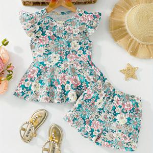 TEMU 여아용 플라잉 슬리브 투피스 세트, 플레어 디자인, 라운드넥, 반바지, 프린트 패턴, 골지 질감, 집과 야외 캐주얼 웨어, 야외 활동에 적합